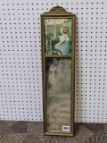 Framed mirror & child and bird picture. Mirror glass has smokey patina and measures 29