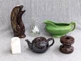 Single cup ceramic iridescent brown glazed pottery tea cup, green gravy boat measures 8-1/2