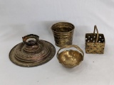 Brass ceiling light fixture and other brass containers; light fixture measures 8