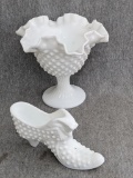 Fenton milk glass hobnail cat head shoe; Fenton white milk glass hobnail compote candleholder. Shoe