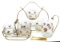Gold and frosted glass autumn leaf pattern mustard or condiment dishes with caddy, pitcher, and a