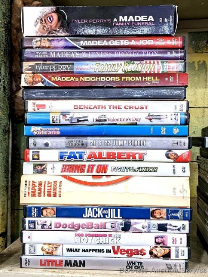 Eighteen DVDs including Fat Albert, Jack and Jill, Little Man, Hot Chick, Dodge Ball, more.