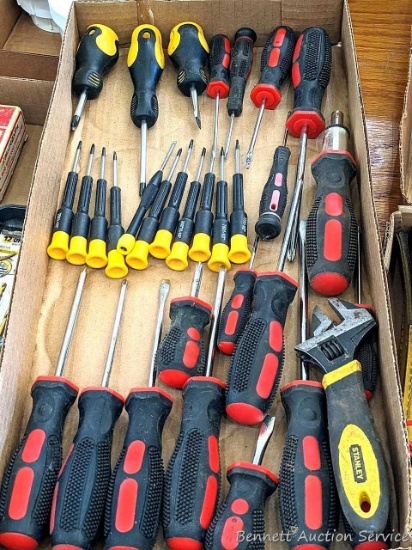 Screwdrivers including precision (small) set, rubber grip handle set, others, plus a Stanley