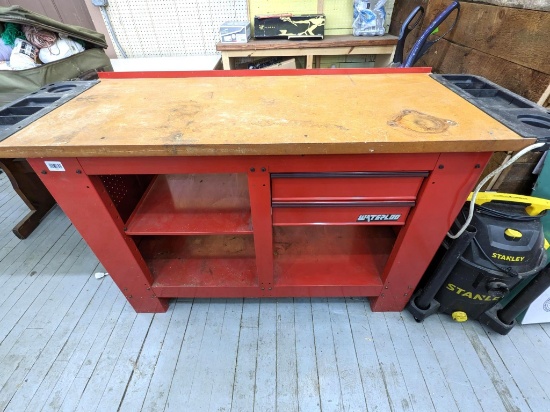 Waterloo work bench with two drawer and shelf storage. Measures approx. 5'8" x 37" high x 23" deep.