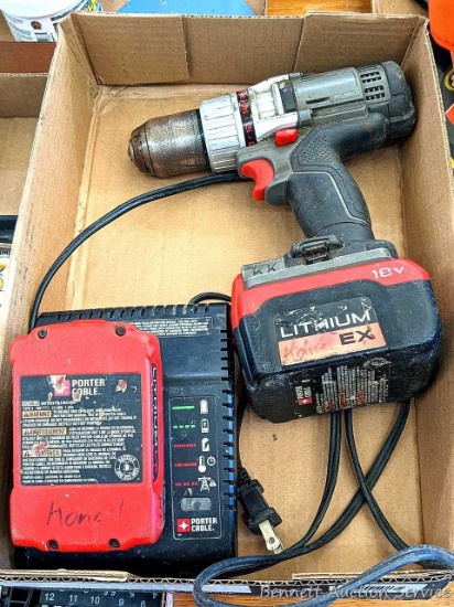 Porter Cable 18v cordless drill/driver with 18v Lithium EX battery, at least needs a charge; Porter