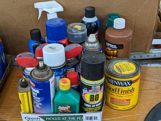 No shipping. Several cans of WD-40, JB 80, windshield de-icer, Rust Remover, Minwax, more.