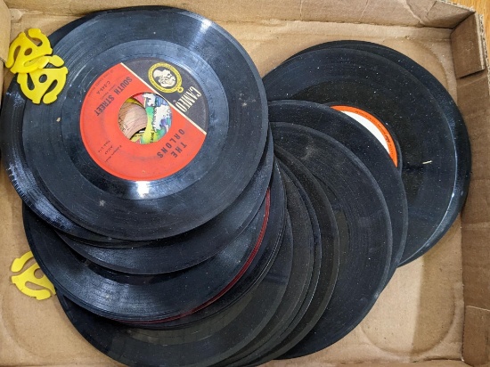 1-3/4" tall stack of 45 rpm records including polka, Stevie Wonder, Disney, more.