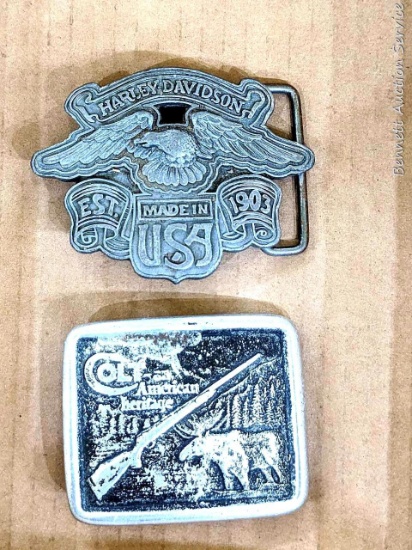 Belt buckles include Colt Firearms and Harley Davidson are approx. 2-3/4" and 3".