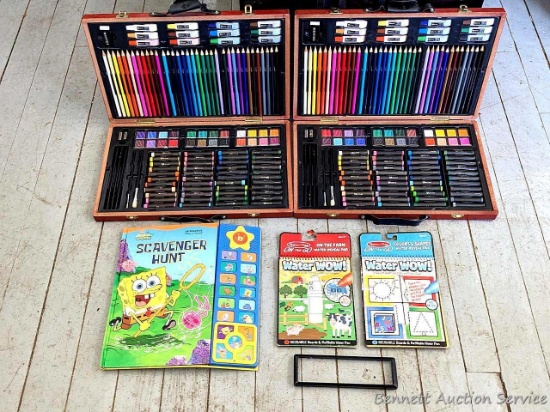 Two wood cases with art supplies including crayons, pencils, watercolors, paints, sharpeners, etc.;