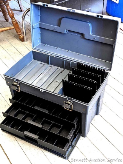 Plano Phantom Pro tackle box is 21" wide. Inside of box looks as-new, but outside could be cleaned