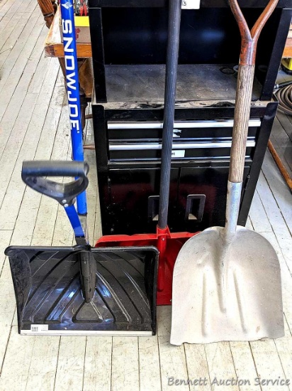 SnowJoe shovel/scoop; other snow shovel and a grain scoop.