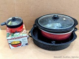 Hamilton Beach 5 quart slow cooker, enameled roaster, electric skillet.