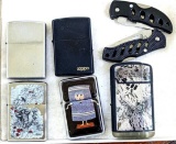 Three Zippo lighters and two others, plus two Frost Cutlery pocket knives that measure 2-1/2