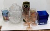 Pretty cookie jar, three pink stemmed glasses, 6