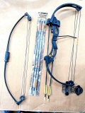 HF kids compound bow with a quiver and wrist guard, a set of High Five fiberglass arrows, and a
