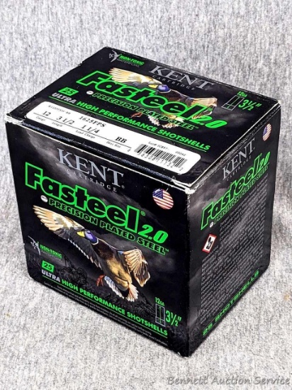 25 rounds of Kent Fasteel 12 gauge ammunition with steel plated BB shot and loaded in a 3 1/2"
