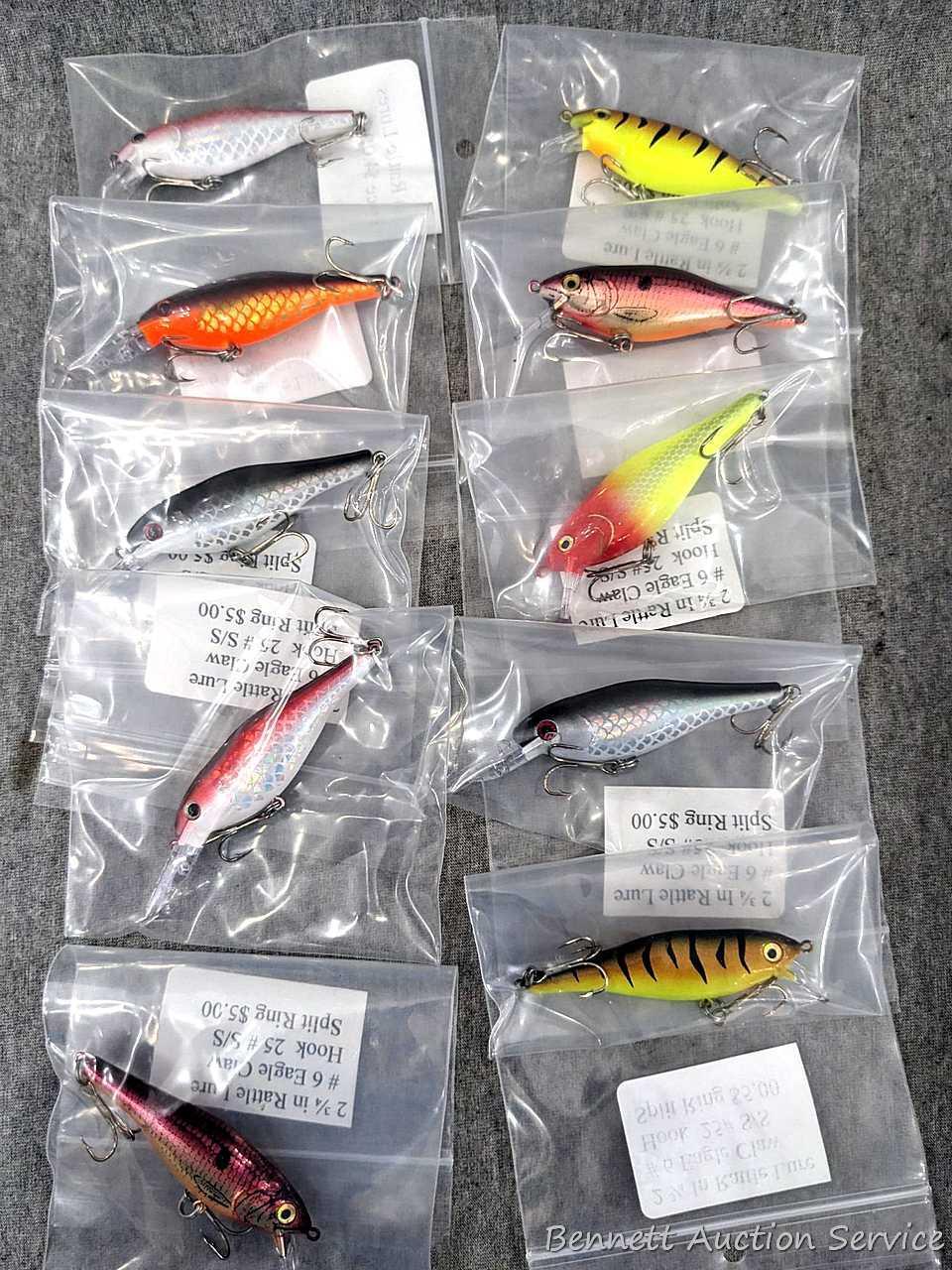 10 hard fishing lures, some or all rattle. Longer