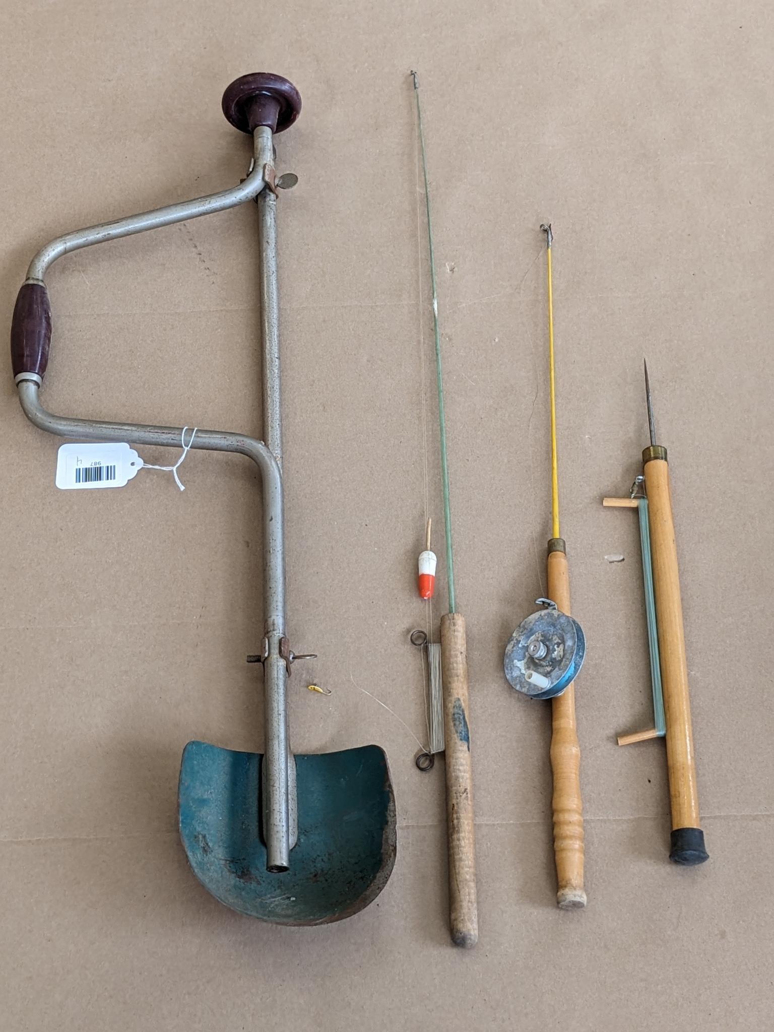 Assortment of vintage ice fishing poles, drill? /