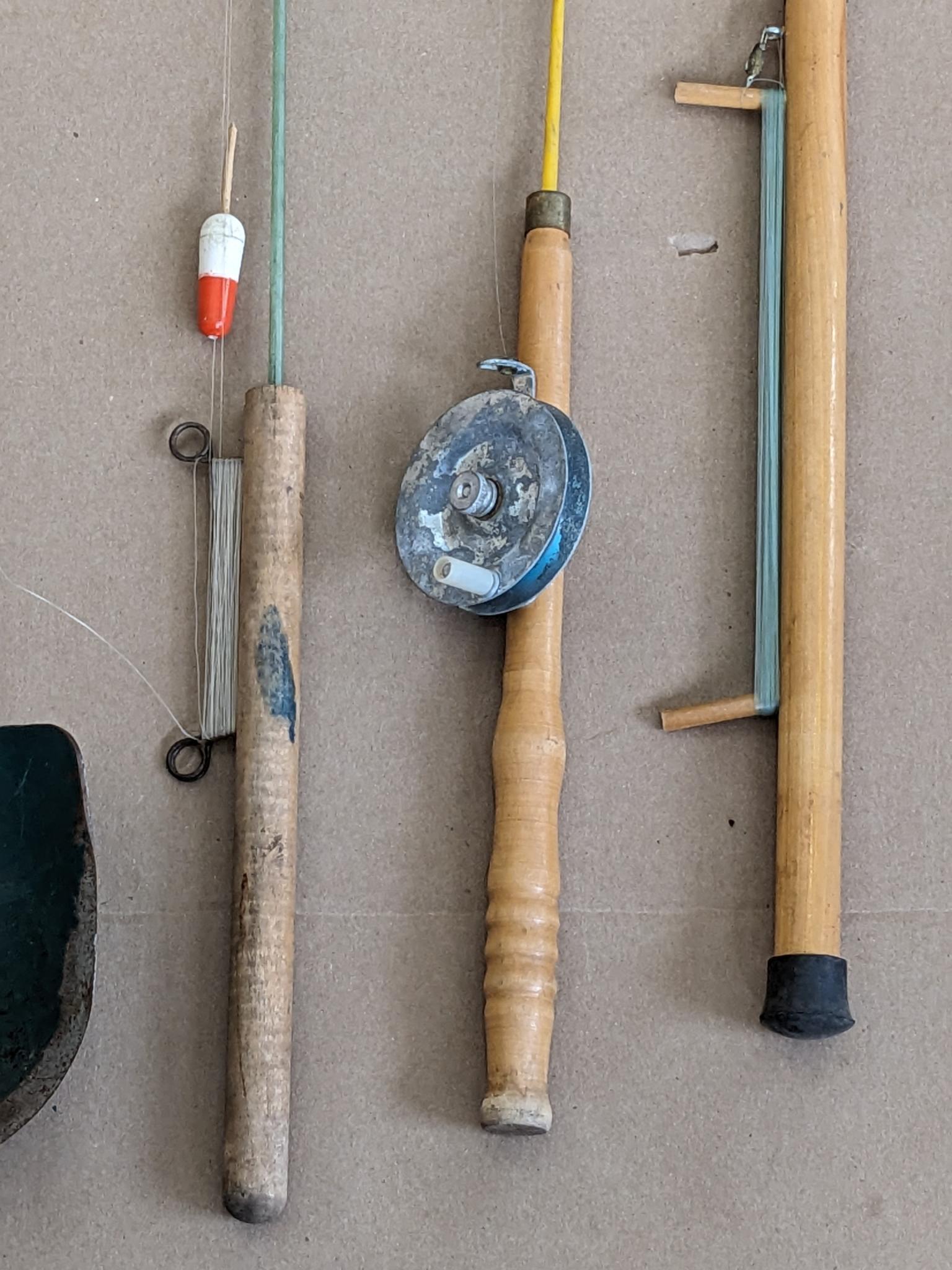 Assortment of vintage ice fishing poles, drill? /