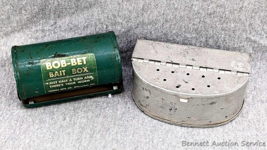 Two vintage bait boxes incl Frabill Bob-Bet Bait Box and a Beltline Bait Box by Fred D. Mfg. Co.