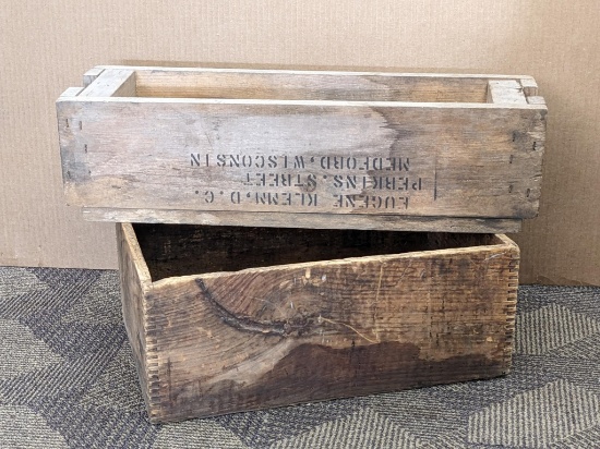 Two vintage crates. Smaller about 23" x 7" x 6" with nice graphics. Crate was shipped from H.G.