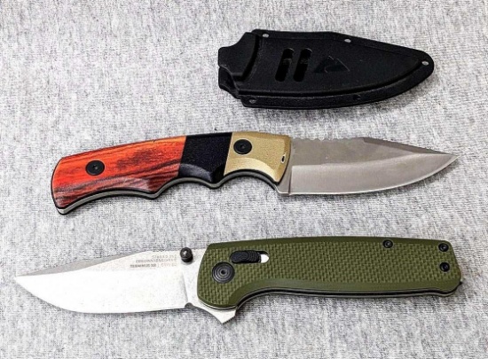 SOG Terminus XR folding knife and a fixed blade knife with hard sheath. Both about 7" over blade and