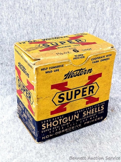 25 rounds of Western Super X 12 gauge shotshells with no. 6 shot. The shells come in a neat old