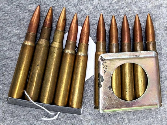 10 rounds of 8mm Mauser ammunition in clips, most head stamps read 7.9 F.S 1950 TC.