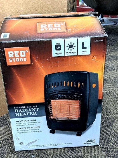 Red Stone propane cabinet radiant heater, NIP, box was opened by us to verify contents. 18,000 BTUs