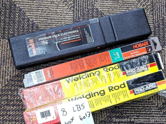 8 pounds of 6013 welding rods by Hobart, Pro-Arc and others, rods up to 5/32" diameter.