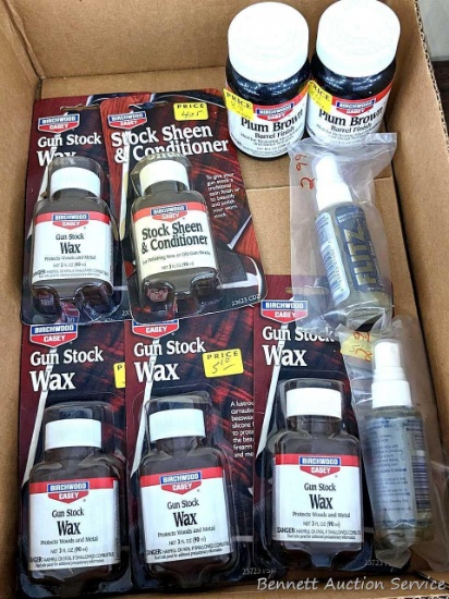 No shipping. NIP Birchwood Casey Stock Sheen & Conditioner and Gun Stock Wax; NIP Flitz stainless