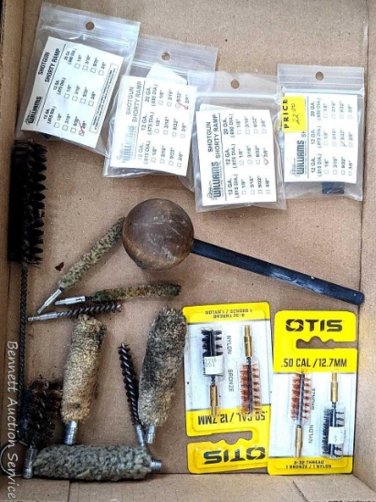 7" antique black powder tamper tool / bullet starter piece, NIP Otis gun bore cleaners, Williams