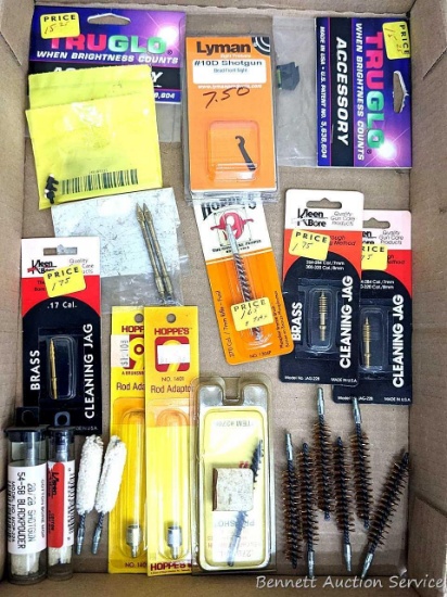 Lyman shotgun bead front sight, Hoppe's 9 gunsmiths cleaning brush and rod adapters, Kleen-Bore