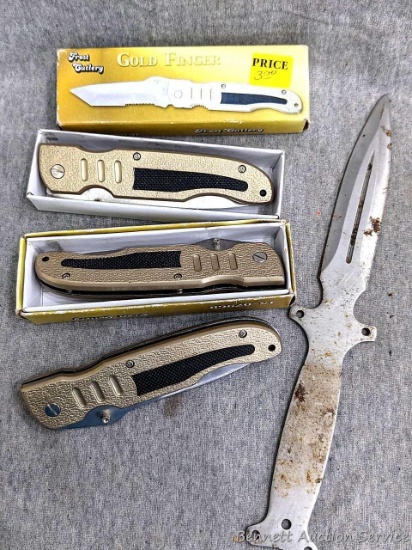 Three Frost Cutlery thumb stud liner lock folding knives and an 11" dagger ready to outfit with