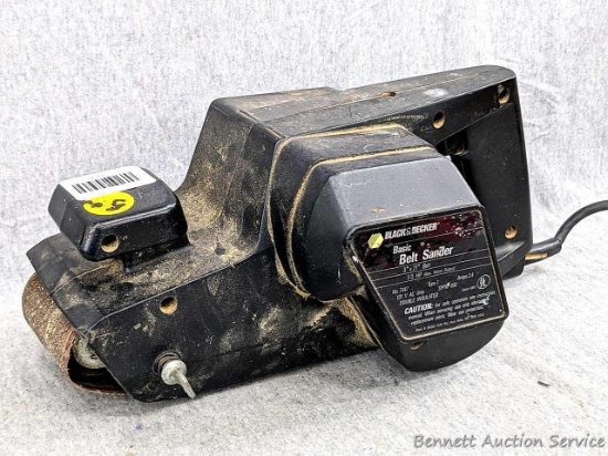 Black & Decker basic belt sander has a 1/3 hp motor and takes a 3" x 21" belt A little whiny but