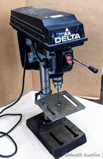 Delta bench top drill press with a 1/4 HP motor, several adjustable speeds up to 3,100 RPM and down
