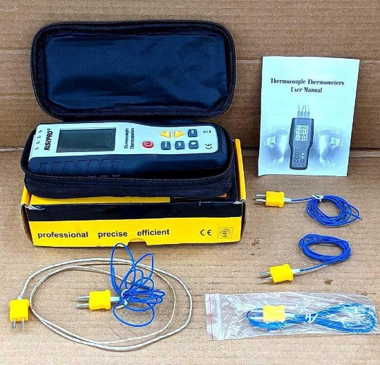 Rise Pro thermocouple thermometers come with 5 prongs, manual, case, box. Turns on and off and