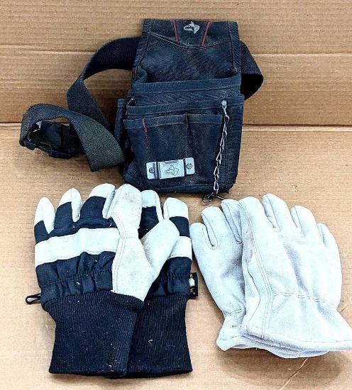 2 pairs of nice leather gloves and a black canvas tool holster
