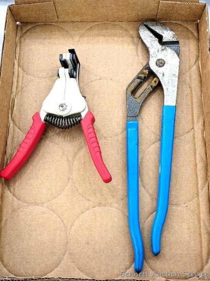 Wire stripper tool for varying gauges of wire and 440 Channel Lock pliers, measures 12" handle to