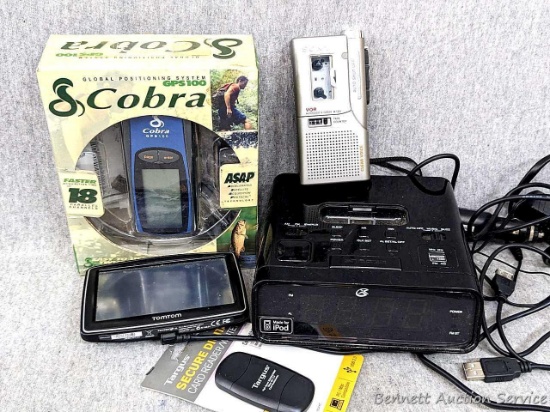 GPX clock radio docking system, TomTom, Cobra GPS100, Sony VOR Microcassette Recorder & Targus Card