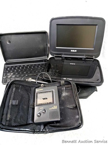 RCA Portable DVD player, ZAGG tablet keyboard case, Casio TV-5 LCD Pocket Color Television and 11"