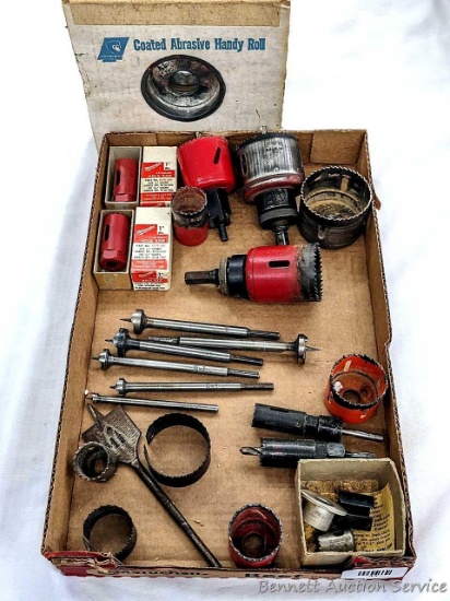 Seven Milwaukee hole saws up to 2-1/2", five Stanley No. 105 Powerbore drill bits up to 1", Norton