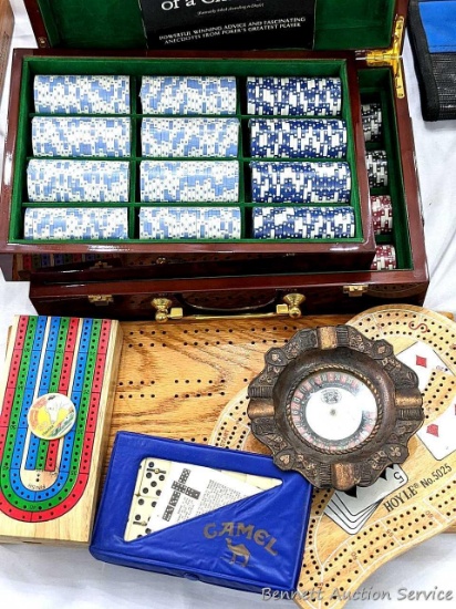 The ultimate card player's dream! 3 cribbage boards and a HEAVY duty poker set. Poker set appears to