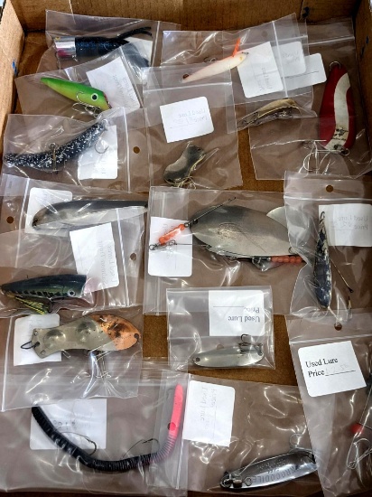 Sixteen fishing lures and spoons by Krockadile, Johnson's Silver Minnow, Sebaco, WaterWitch, others.