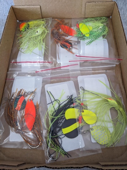 Six double-blade spinner bait fishing lures up to about 3-3/4" over hook.
