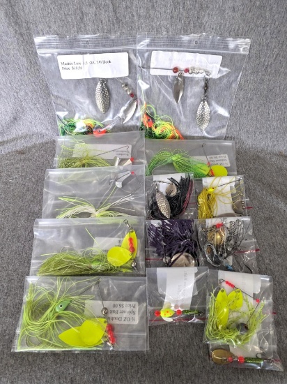 Spinner baits for Muskie and smaller fish, two 5" buzzbaits, two handcrafted inline spinners. Nice