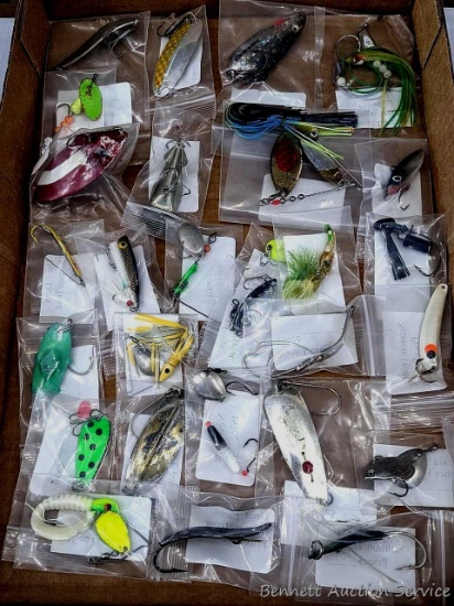 11" x 16" box of fishing lures incl Red Eye Wiggler, spinner baits, spoons, hard rattler, more.