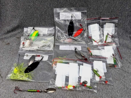 Five Muskie lures and a variety of inline spinner baits.
