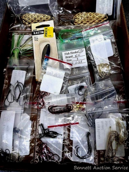 Fishing lures incl Kastmaster lure NIP, fish hooks, spoons and more as pictured.