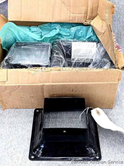 Eight black Pylex steel post base, item no 13048, base 44. New, unused.